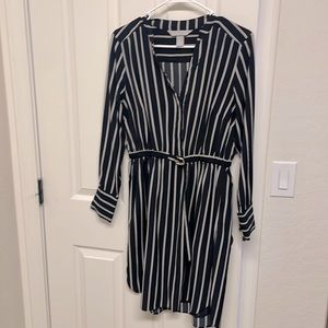 H & M black striped long-sleeved shirt dress with built in belt, size 8